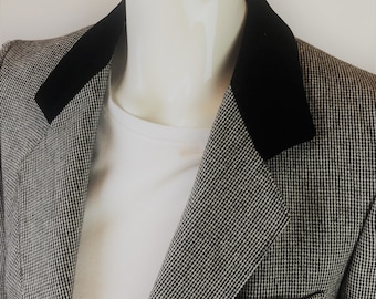 Vintage 80er Jahre Karierter Wollanzug: Samtkragen-Blazer, Gr. 38