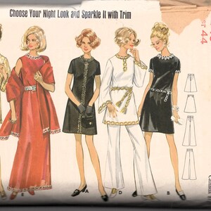 May include: A vintage sewing pattern for four different evening outfits. The pattern is for size 40 and is from Butterick pattern number 5490. The outfits include a long red dress, a short black dress, a white dress with a matching pantsuit, and a short black dress with a matching skirt.