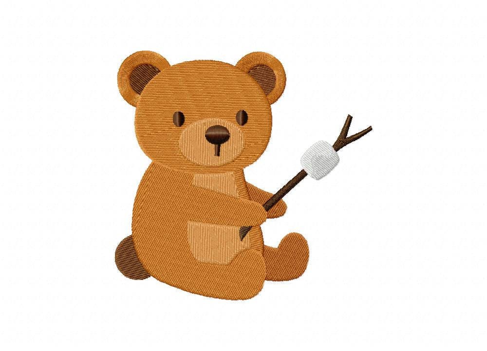 Teddy bear roasting marshmallow embroidery design | Etsy