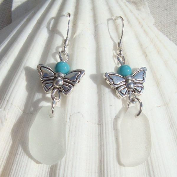 Sea Glass/Silver Sterling Earrings - Authentic Sea Glass - Orecchini con Farfalle - Regalo per Lei - Handmade in Italy - Christmas Gift