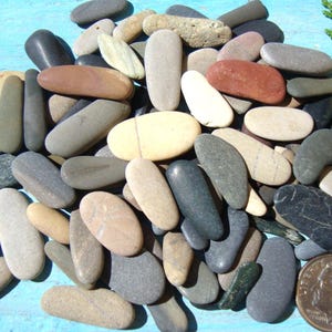 May include: A collection of smooth, rounded stones in various sizes and colors, including gray, beige, and reddish-brown. Some stones are elongated, while others are more oval-shaped. A few coins are visible in the image.