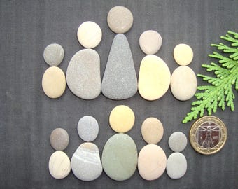 Puede incluir: Una colección de piedras de río lisas y multicolores dispuestas en dos filas de figuras humanas. Una moneda de un euro de color dorado está colocada junto a las piedras como escala, mostrando el tamaño relativo de los pequeños guijarros.