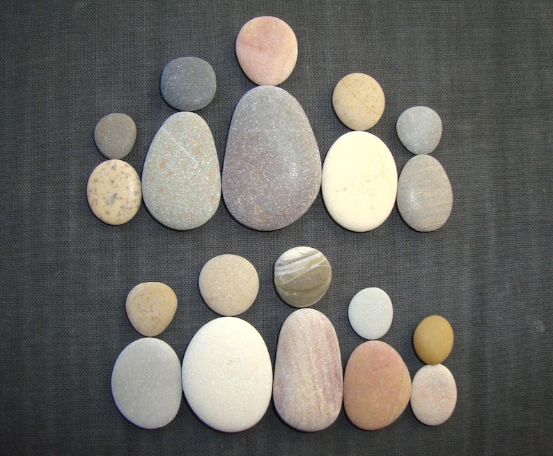Puede incluir: Una colecci&oacute;n de piedras de r&iacute;o lisas y redondeadas dispuestas en dos filas de figuras humanas. Las piedras var&iacute;an en tama&ntilde;o, forma y color, incluyendo tonos de gris, beige, blanco, rosa y marr&oacute;n, creando una representaci&oacute;n visual de dos grupos.