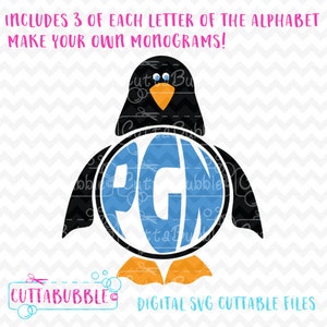 Penguin monogram frame + circular alphabet -  SVG cut file + PNG + DXF for Silhouette cameo, Cricut etc.