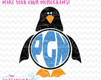 Marco de monograma de pingüino + alfabeto circular - archivo de corte SVG + PNG + DXF para cameo de Silhouette, Cricut, etc.