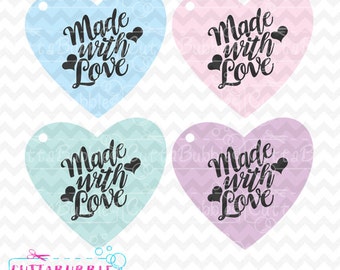 Etiquetas de corazón hecho con amor - SVG cortan archivo PNG + DXF para el camafeo de silueta, etc. de Cricut.