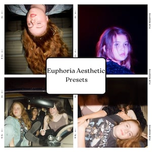 May include: A collage of four images featuring young people in a car. The images are in a film negative style with a red and blue color scheme. The text "Euphoria Aesthetic Presets" is in the center of the collage.