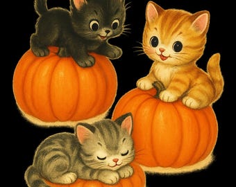May include: A vintage illustration features three adorable kittens atop orange pumpkins against a black background. One black kitten stands, a tabby kitten sits, and a gray kitten sleeps. The image evokes a Halloween or autumn theme.
