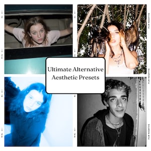 Pode incluir: Uma colagem de quatro imagens com pessoas diferentes e um texto sobreposto que diz "Ultimate Alternative Aesthetic Presets". As imagens estão em formato de grade e cada imagem tem um efeito de negativo de filme.