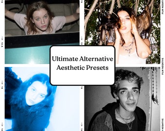 Peut inclure: Un collage de quatre images mettant en scène différentes personnes avec un texte superposé qui dit "Ultimate Alternative Aesthetic Presets". Les images sont disposées en grille et chacune d'elles a un effet de négatif de film.