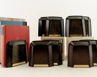 One Pair of Vintage Faux Leather Bookends, Square Matina Decor Brown Leatherette and Gold Book Holders