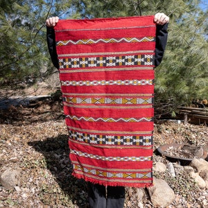 Vintage Wool Moroccan Berber Kilim Rug, Handmade Red Morocco Rug, Woven Wall Hanging image 1