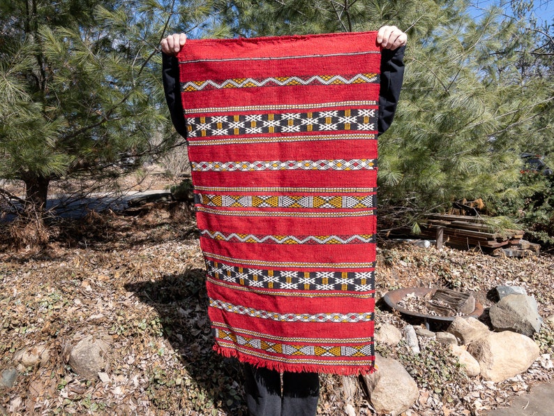 Vintage Wool Moroccan Berber Kilim Rug, Handmade Red Morocco Rug, Woven Wall Hanging image 1