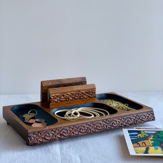 Wood And Leather Desk Tray Vintage Accessory Organizer Valet S Made In Japan