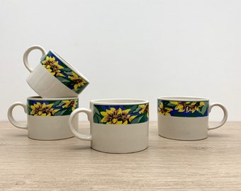 Vintage Stoneware Mugs, Set of 4 | Majesticware by Sakura Caroline Pattern Designed by Sue Zipkin 1995 | Vintage Coffee Cup Set