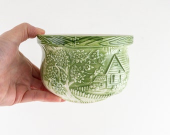 Vintage Ceramic Planter with Cottage Scene, Green Bas-Relief Ceramic Planter, Hanging Planter, Made in Japan