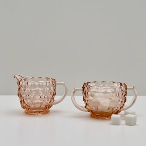 Pink Jeannette Glass Creamer and Sugar Set, Cube Pattern image 2