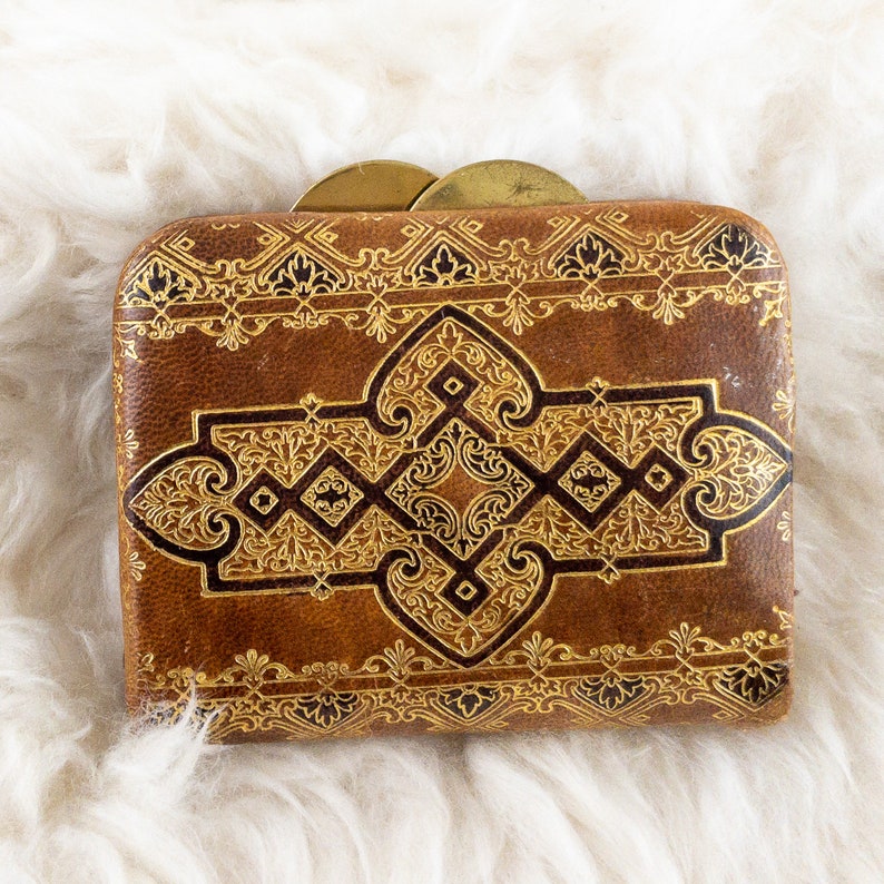 Small Vintage Florentine Gold Embossed Italian Leather Coin Purse, Spulcioni Firenze Brown and Gold Tooled Leather Coin Wallet image 9