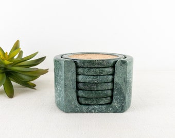 Vintage Green Stone Coaster Set, 6 Coasters in Matching Caddy Holder