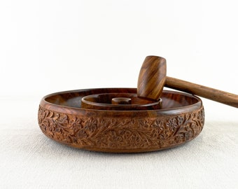 Vintage Carved Wood Nut Bowl with Hammer