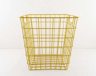 Vintage Yellow Metal Grid Trash Can, Square Trash Container Storage Bin