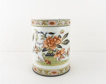 Vintage Daher Lidded Metal Tin Can with Asian Floral Design, Cylinder Shaped Tin Container with Lid