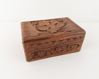 Vintage Carved Wood Box, Hand Carved Sheesham Wood Jewelry Box with Floral and Leaf Design, Handmade in India