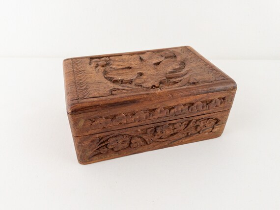 Vintage Carved Wood Box, Hand Carved Sheesham Woo… - image 1