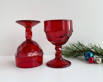 Pair of Vintage Ruby Red Liqueur Goblets, Honeycomb Pattern, Small Colored Stemmed Glasses, Vintage Stemware, Christmas Glassware