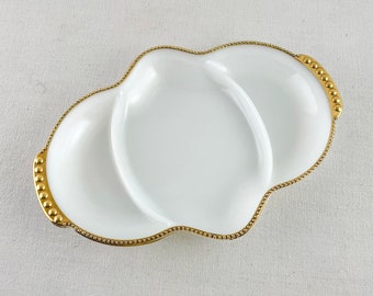 Vintage Divided Relish Tray by Anchor Hocking Fire King, White Milk Glass and Gold Rimmed, Mid Century Serving Dish