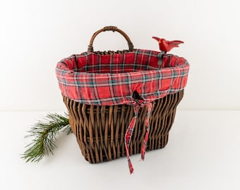 Vintage Wicker Wall Basket with Handle, Rattan Wall Pocket Basket with Red Plaid Liner and Clip-on Red Bird