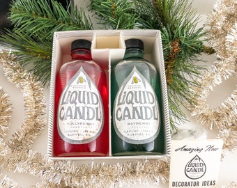 Boxed Set of Scented Liquid Candle Kit with Wicks, Vintage Christmas Decor, Liquid Beeswax Green and Red