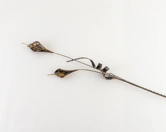 Vintage Metal Flower Wall Art, Brass Long Stem Calla Lily Wall Hanging, Narrow 3D wall sculpture