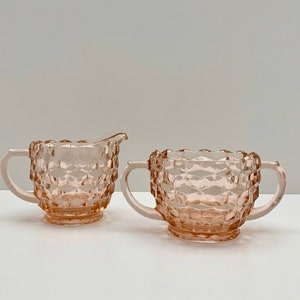 Pink Jeannette Glass Creamer and Sugar Set, Cube Pattern image 1