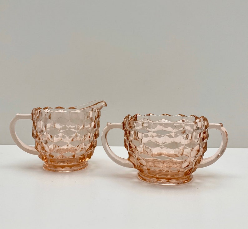 Pink Jeannette Glass Creamer and Sugar Set, Cube Pattern image 1