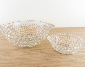 Vintage Diamond Quilted Glass Bowl Set, Medium and Small Clear Pressed Glass Clear Bowls with Glass Handles