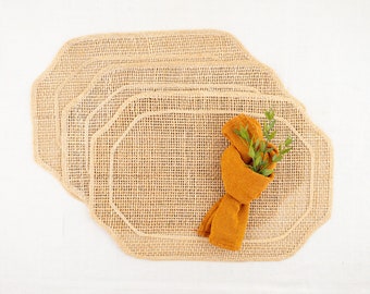 Set of 3 Natural Woven Placemats, Straw Raffia Octagon Shaped Table Mats