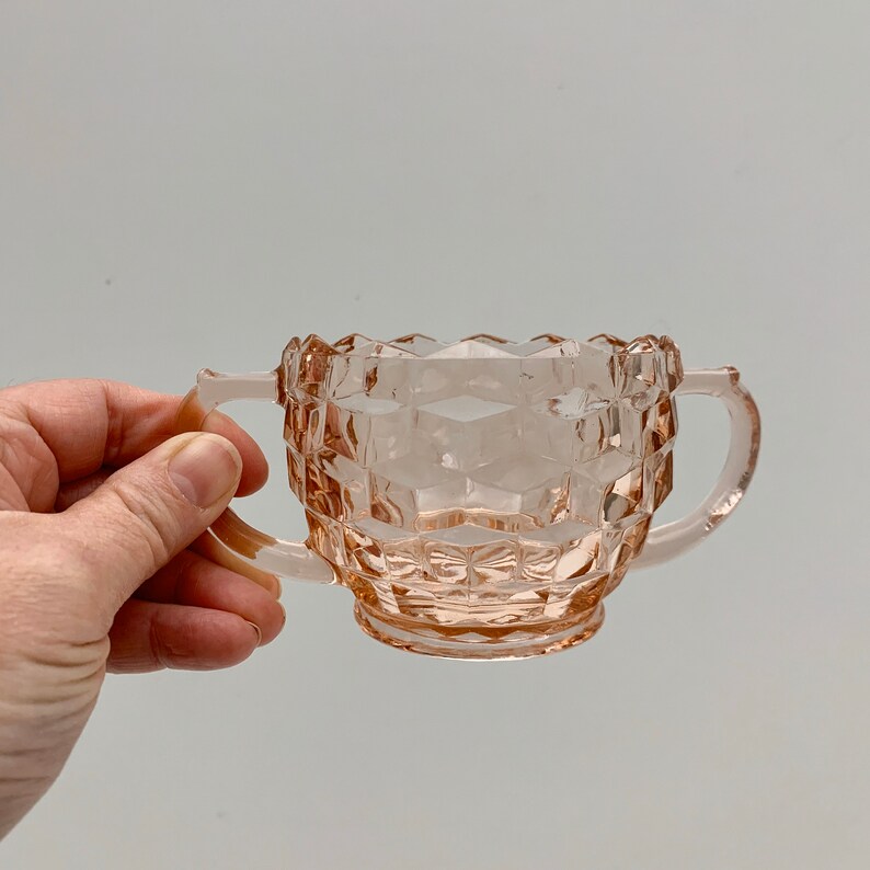 Pink Jeannette Glass Creamer and Sugar Set, Cube Pattern image 4