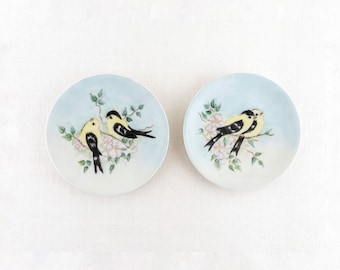 Vintage Set of 2 Bavaria Small Bird Plates, Goldfinch Birds on Flowering Braches, Porcelain Wall Plate Decor, made in Germany