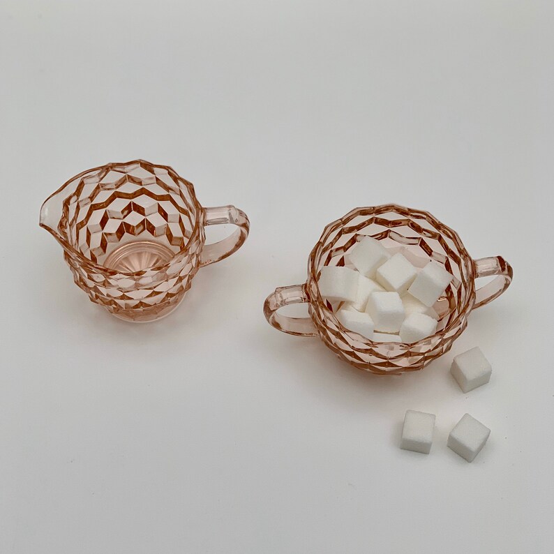 Pink Jeannette Glass Creamer and Sugar Set, Cube Pattern image 7