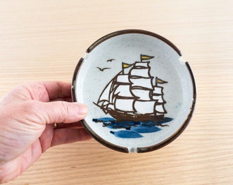 Vintage Otagiri Clipper Ship Ashtray, Stoneware Tall Ship Ashtray, Nautical Decor