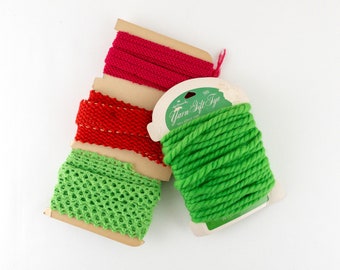 Variety of 4 Vintage Cotton and Thick Yarn Ribbons, Lime Green, Hot Pink, Red & Gold, Christmas Wrapping, Sewing and Craft Supplies