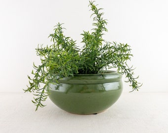 Vintage Green Shallow Planter Bowl, Round Ceramic Plant Pot