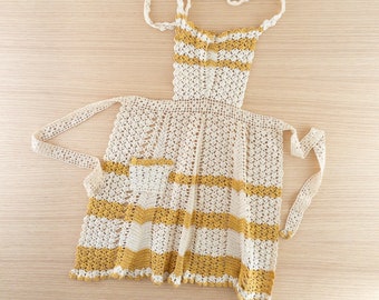 Vintage Handmade Crochet Kid's Apron with Pocket, Young Girl's Cream and Gold Stripe Apron with Ties