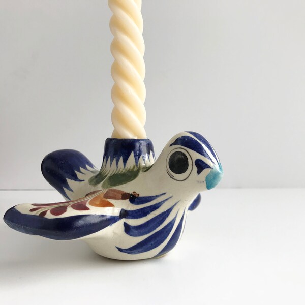 Vintage Mexican Tonala Bird Ceramic Candle Holder | Hand Painted Mexican Folk Art Pottery