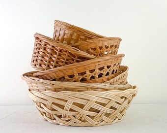 Vintage Collection of 7 Wicker Baskets, Set of Woven Rattan Bowls, Boho Wall Decor, Decorative Storage