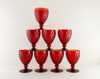 Set of 4 Vintage Large Ruby Crystal Red Goblets, Diamond Pattern Colored Stemware, Christmas Glassware, Red Stemmed Water Glasses