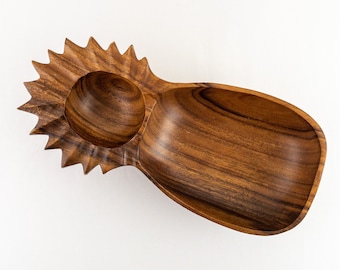 Vintage Monkeypod Wood Pineapple Shaped Divided Bowl, Tiki Bar Decor, Hawaiin Luau Party Fruit Bowl