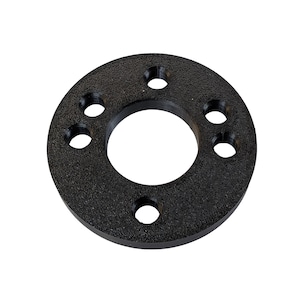 May include: A black, circular metal spacer with five evenly spaced holes around the perimeter and a large central hole. The spacer has a textured surface and is designed for mechanical applications.