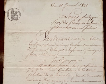 1841 French Louis Philippe Royal Era Handwritten Notarial Property Deed Vineyard Manuscript
